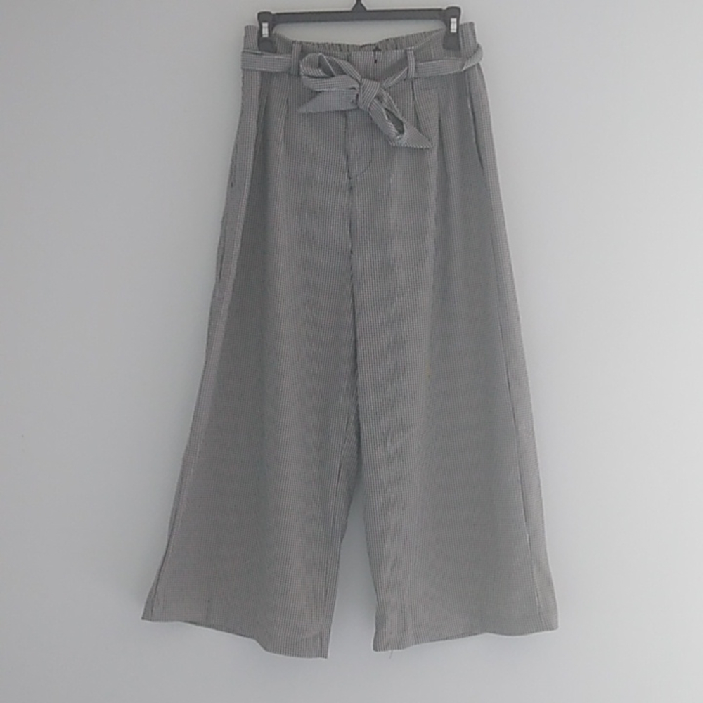 Forever 21 Black Gingham Paperbag Wide Leg Trousers Culottes Large